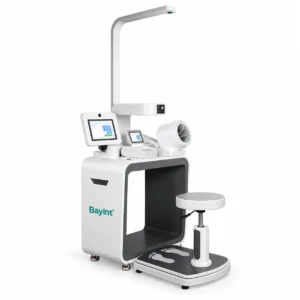 Bayint M600A health checkup kiosk station with height sensor, touchscreen, blood pressure module, seat and weighing platform on white