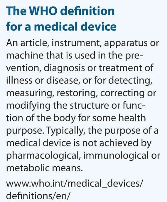 the WHO definition for a medical device