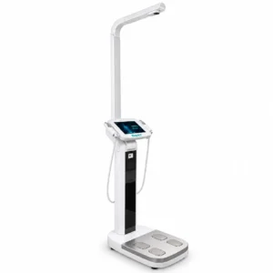 Bayint M9L body composition analyzer with height sensor, touchscreen and hand and foot electrodes on a white background