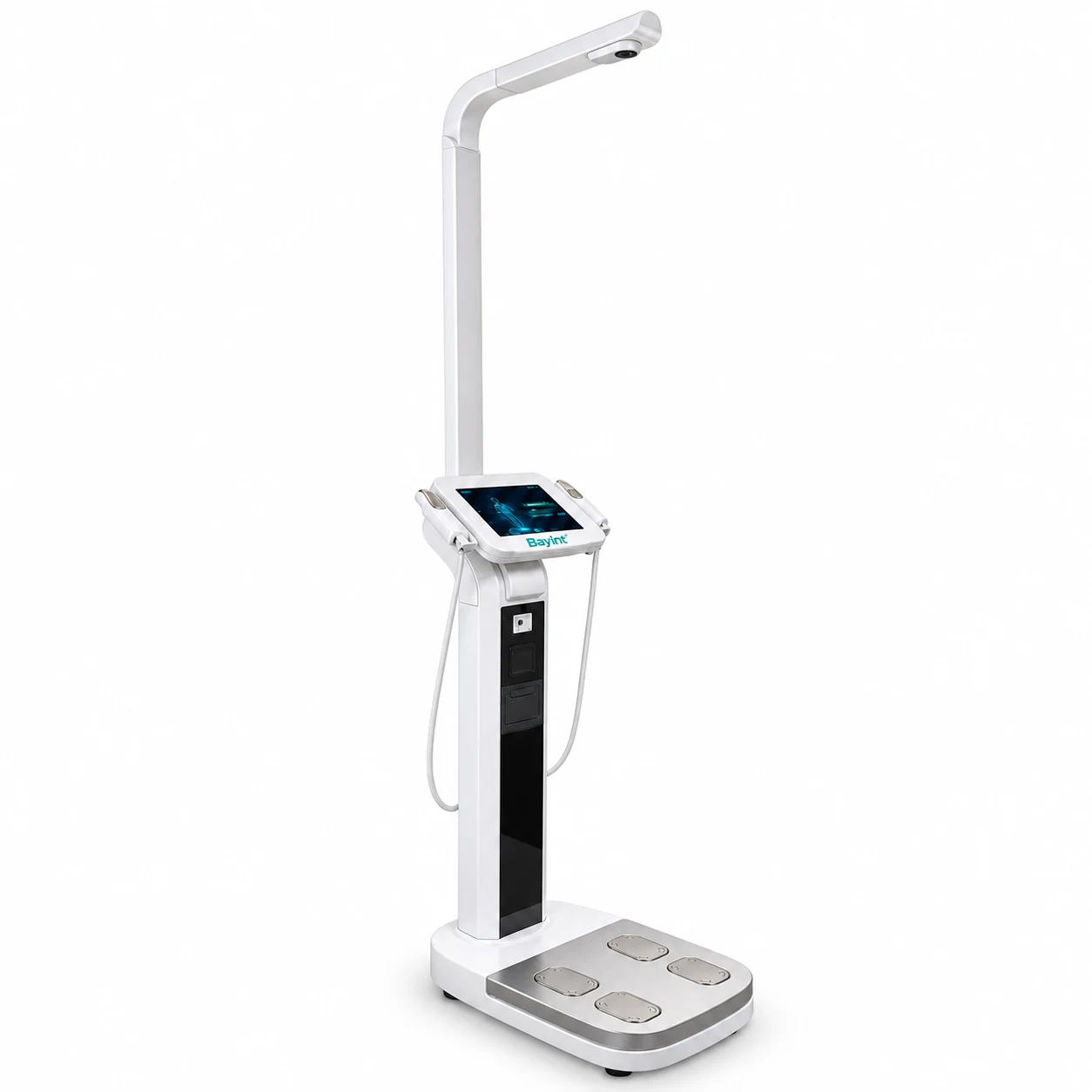 Bayint M9L body composition analyzer with height sensor, touchscreen and hand and foot electrodes on a white background