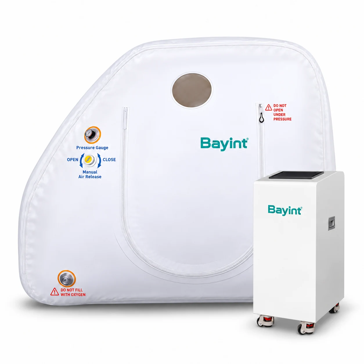 Bayint soft hyperbaric oxygen chamber with TPU enclosure, observation window and separate control unit on a white background