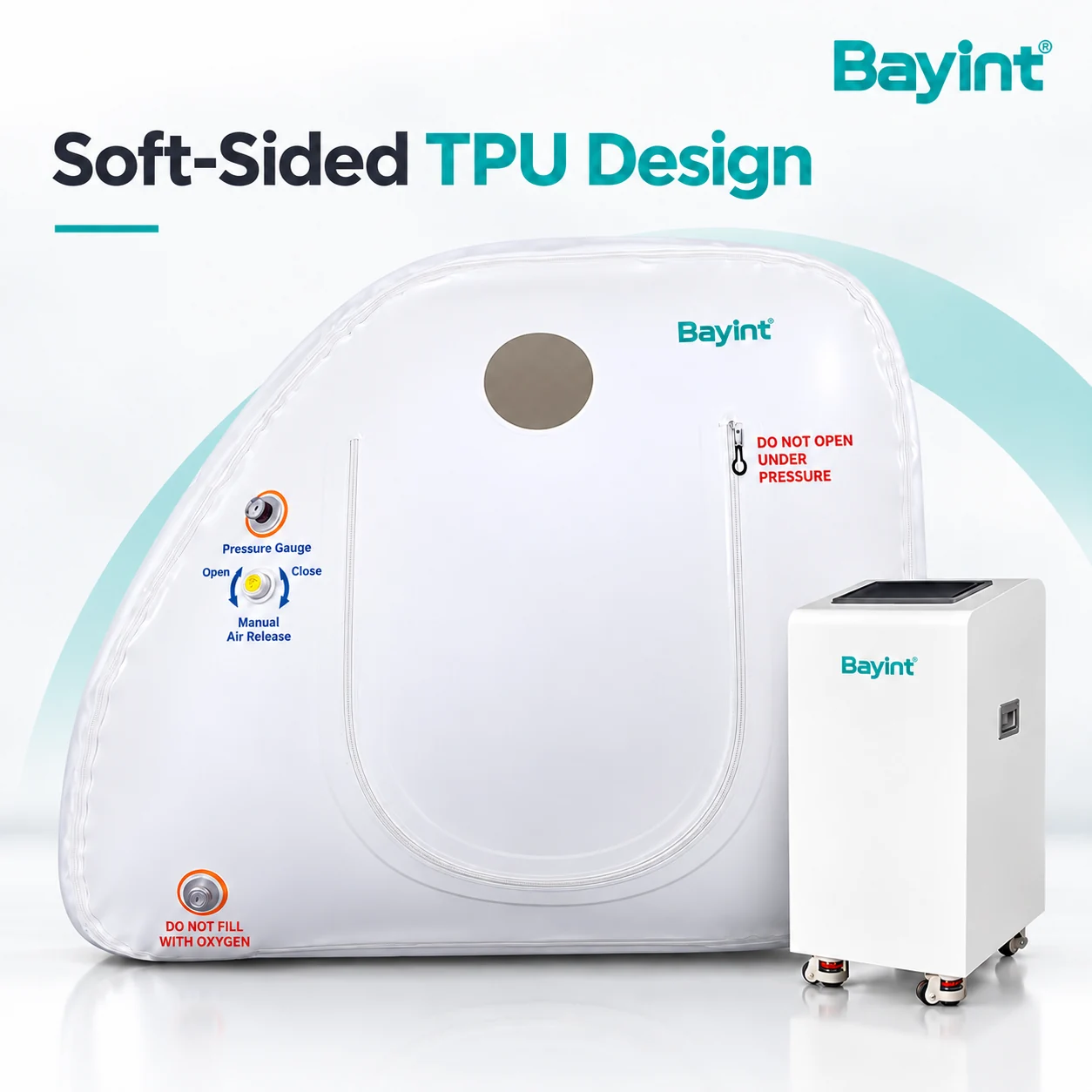 Bayint upright TPU soft oxygen chamber with zip-access door and separate control unit