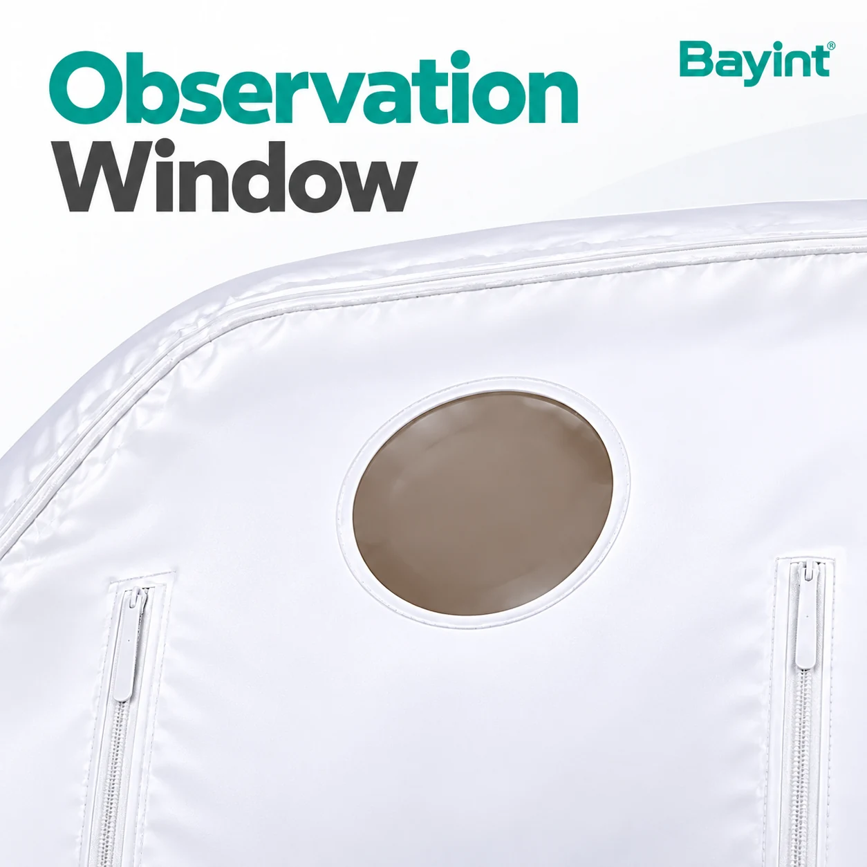 Round observation window and zipper seams on a Bayint soft hyperbaric oxygen chamber
