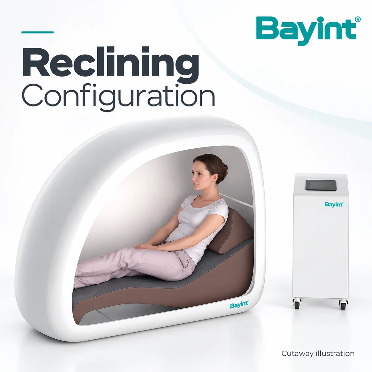 Cutaway illustration of a Bayint reclining oxygen chamber configuration with a separate control unit