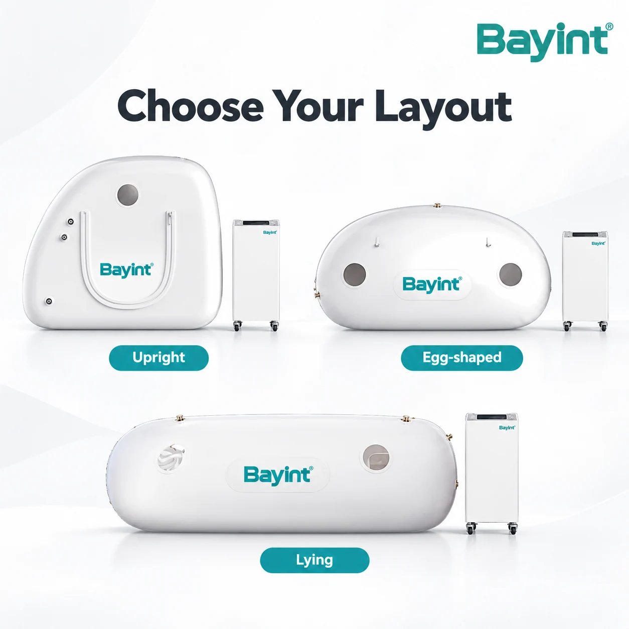 Bayint soft hyperbaric oxygen chamber layouts: upright, egg-shaped and lying